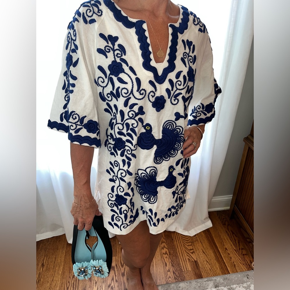 Frances Valentine Peacock Tunic in White with Navy Embroidery